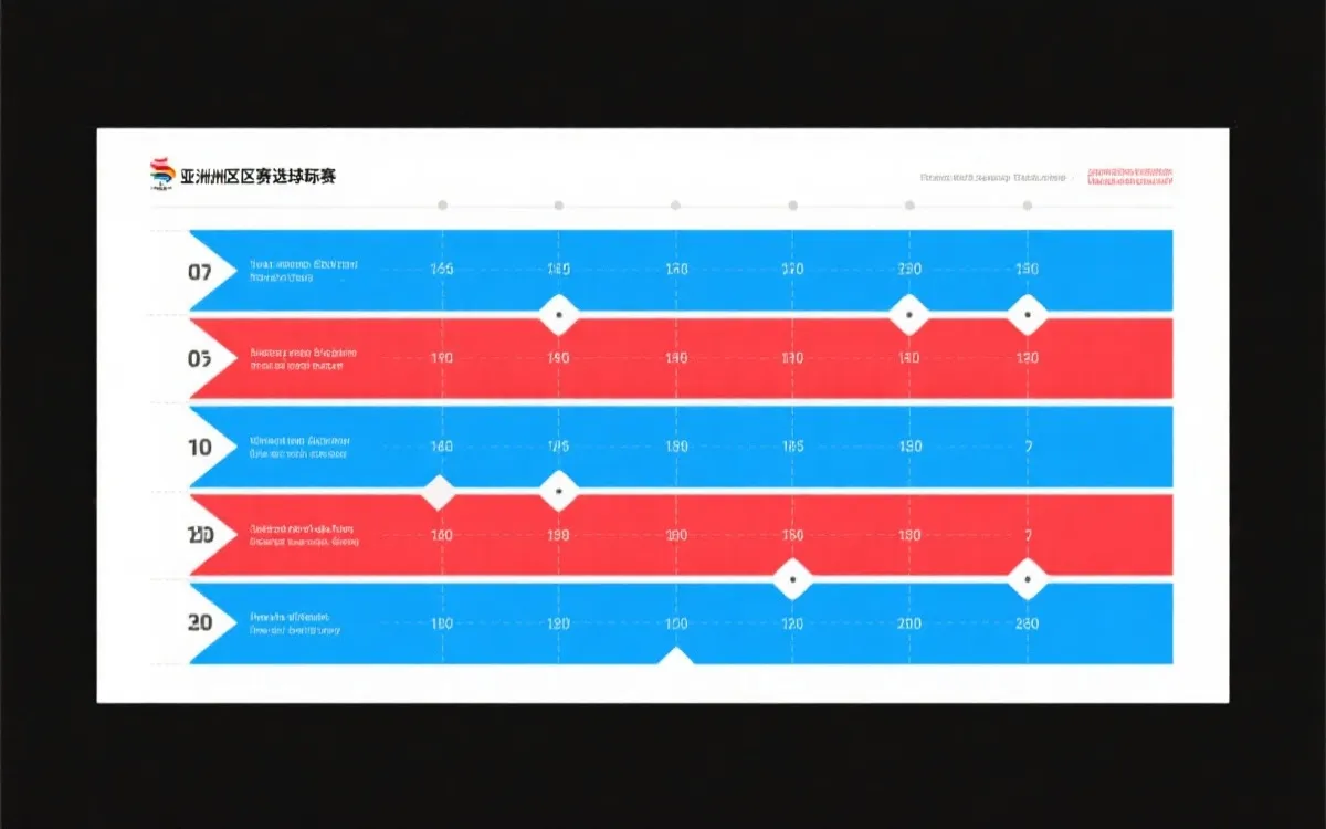 一张极简风的亚洲区预选赛时间轴海报，标注四个阶段与关键窗口，蓝红对比色，信息清晰
